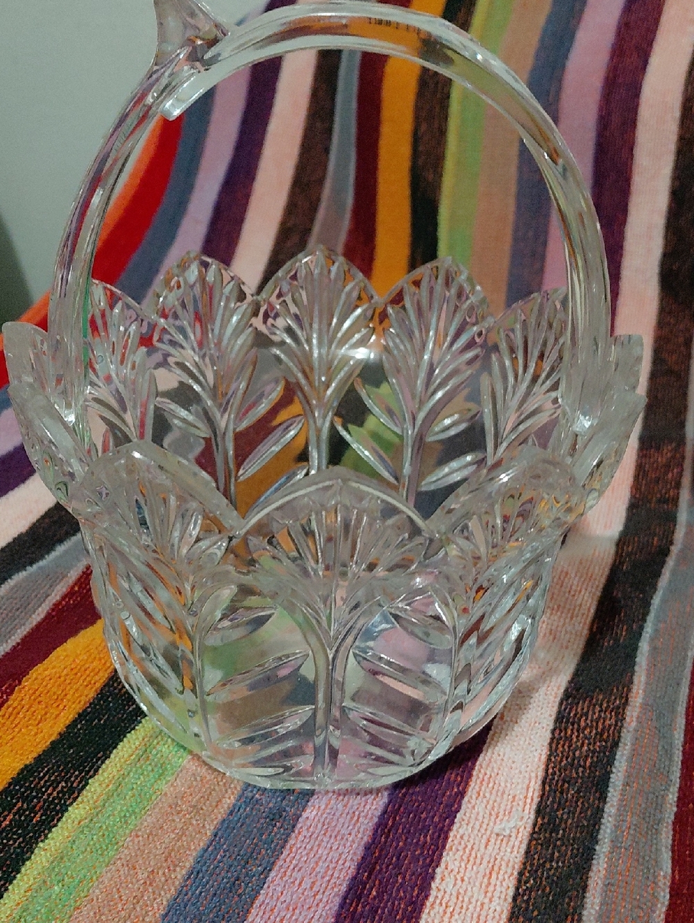 Cut Glass Crystal Basket - Clear Glass Decorative Bowl with Handle